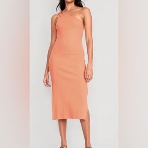 NWT Fitted One-Shoulder Double-Strap Rib-Knit Midi ‘Feeling Peachy’ Dress Sz: S